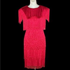Vintage 1980s does 20s HW Collections Red Fringe Flapper Dress 8 Medium